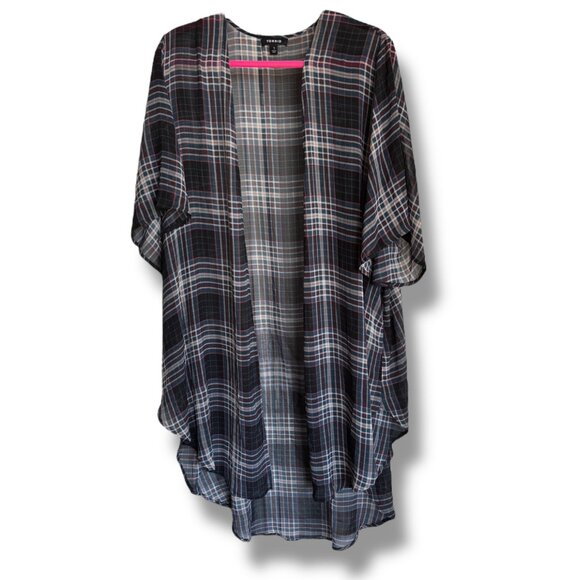 Torrid Memory Plaid Shirttail Kimono Lightweight Sheer Blue Beige Wine 1 1X - Picture 5 of 9